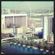 Daytime view of the fountains and the strip.